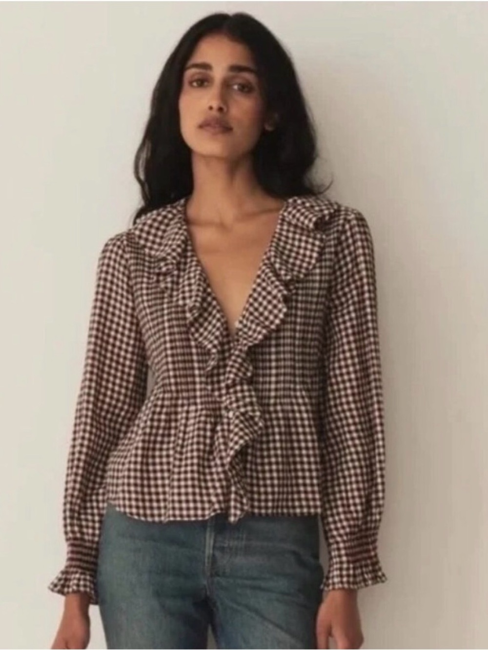 Doen hardy top in Delphine plaid Ruffle V-Neck size medium